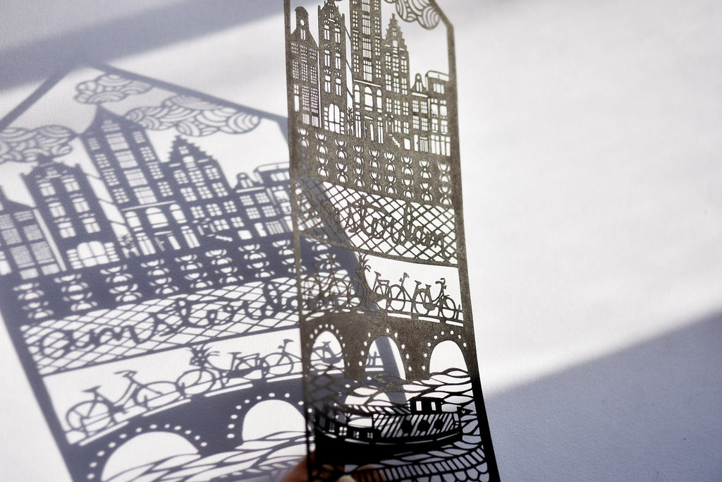 Papercutting art by Ali Harrison of Light + Paper, Lasercut Amsterdam Travel Papercutting, Made in Toronto