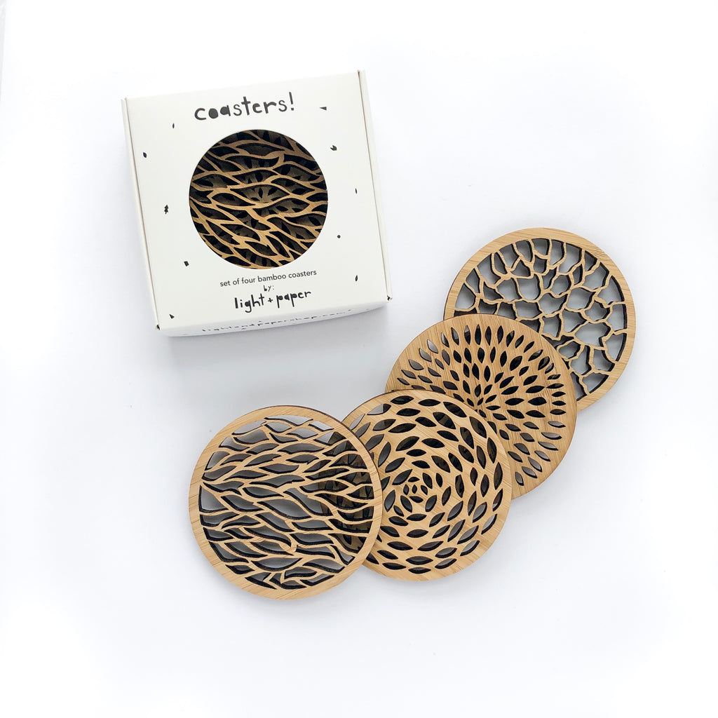 Lasercut Bamboo Wood Coasters, by Light + Paper, Made in Toronto