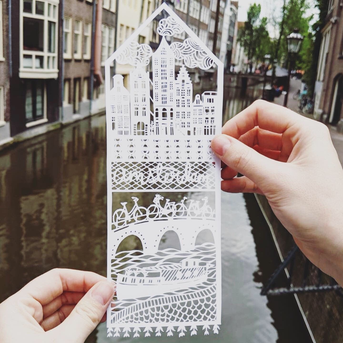 Papercutting art by Ali Harrison of Light + Paper, Lasercut Amsterdam Travel Papercutting, Made in Toronto