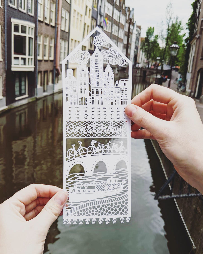 Papercutting art by Ali Harrison of Light + Paper, Lasercut Amsterdam Travel Papercutting, Made in Toronto